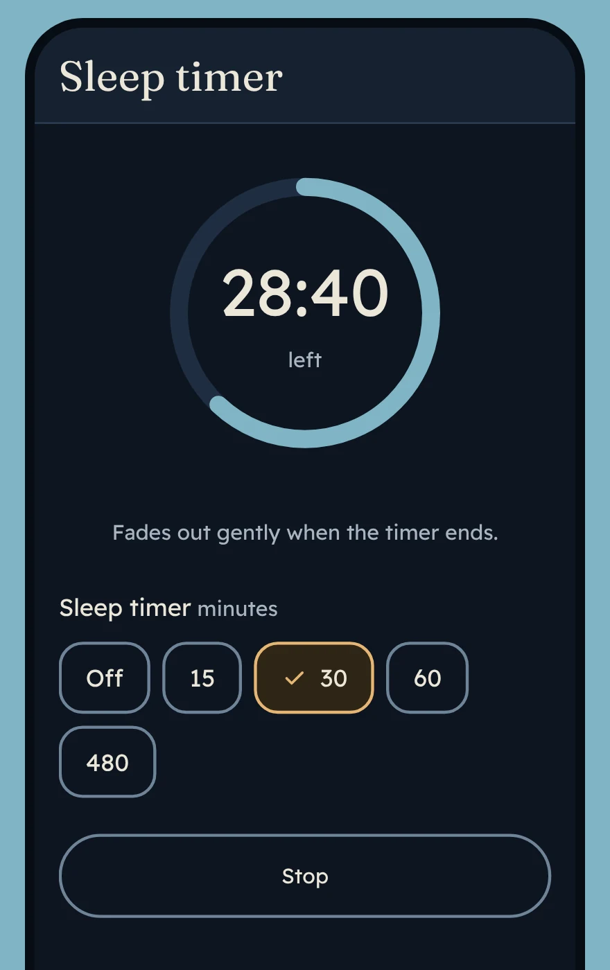 The Sarmad sleep timer: a ring showing 28:40 left, with timer choices from 15 to 480 minutes.